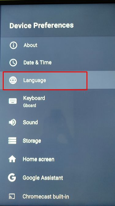 Android TV language Menu